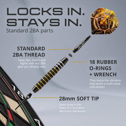 Parts of the IgnatGames Urban Legends Boston Lanterns soft tip dart: 2BA thread, rubber O-rings and 28 mm soft tip