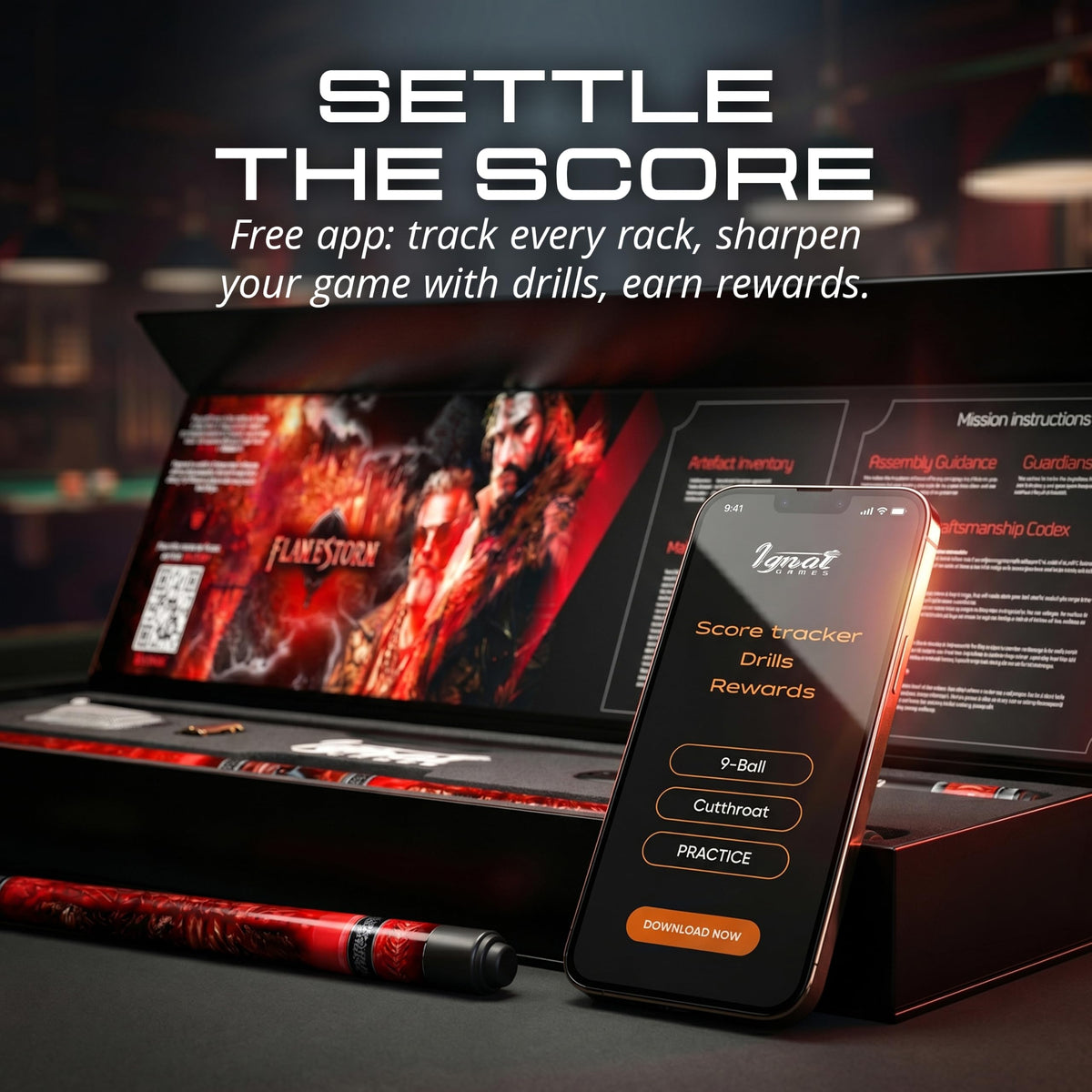 IgnatGames Flamestorm pool cue box next to a phone showing the IgnatGames app score tracker and drills