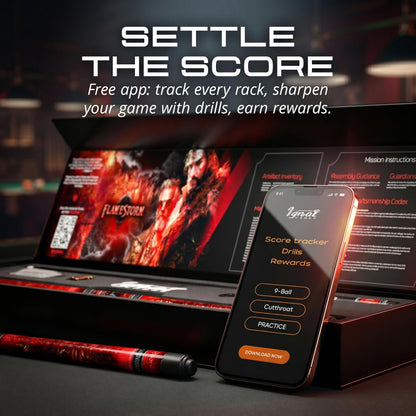 IgnatGames Flamestorm pool cue box next to a phone showing the IgnatGames app score tracker and drills