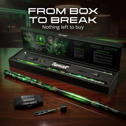 IgnatGames Wildstrike pool cue set in its box on a bar counter, with tip tool, chalk holder and cleaning cloth