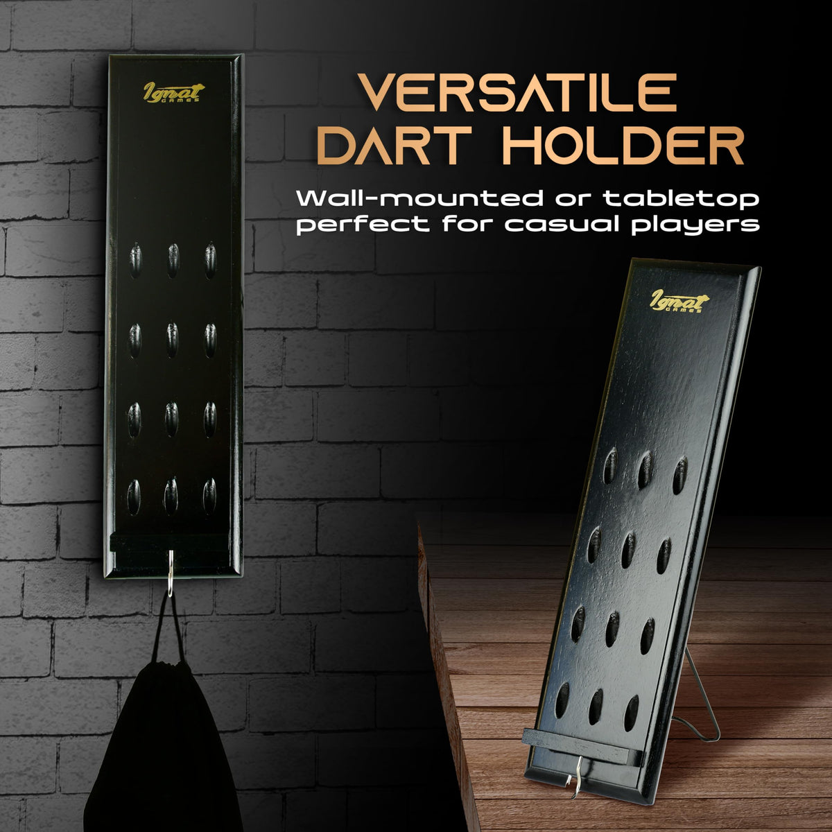 IgnatGames dart holder shown wall-mounted and standing on a table