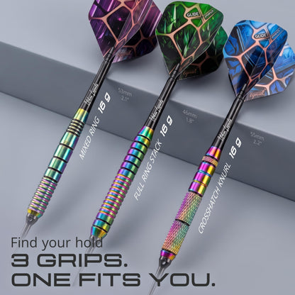 Three IgnatGames Urban Legends Vegas Lights soft tip darts with three different grip patterns