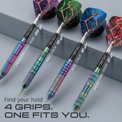 Four IgnatGames Urban Legends Vegas Lights steel tip darts with four different grip patterns