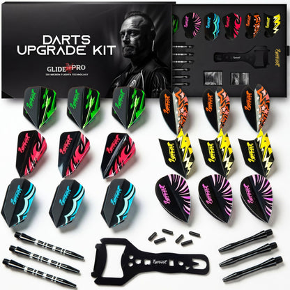 IgnatGames Darts Upgrade Kit with flights in six shapes, aluminum shafts, flight protectors and dart wrench