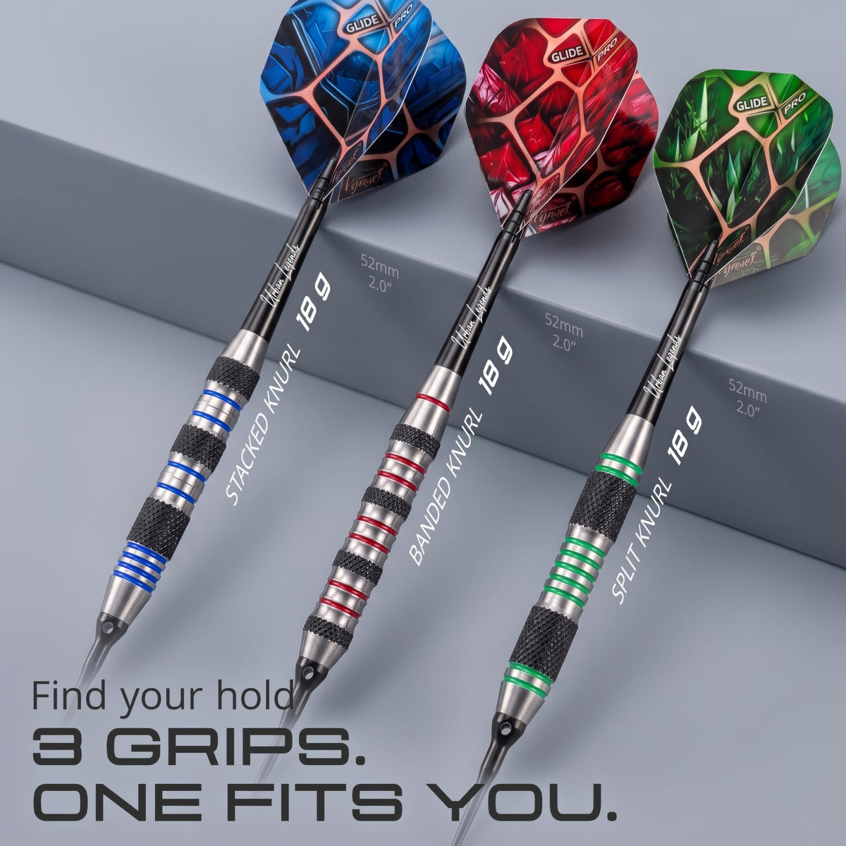 Three IgnatGames Urban Legends Chicago Steel soft tip darts with three different grip patterns