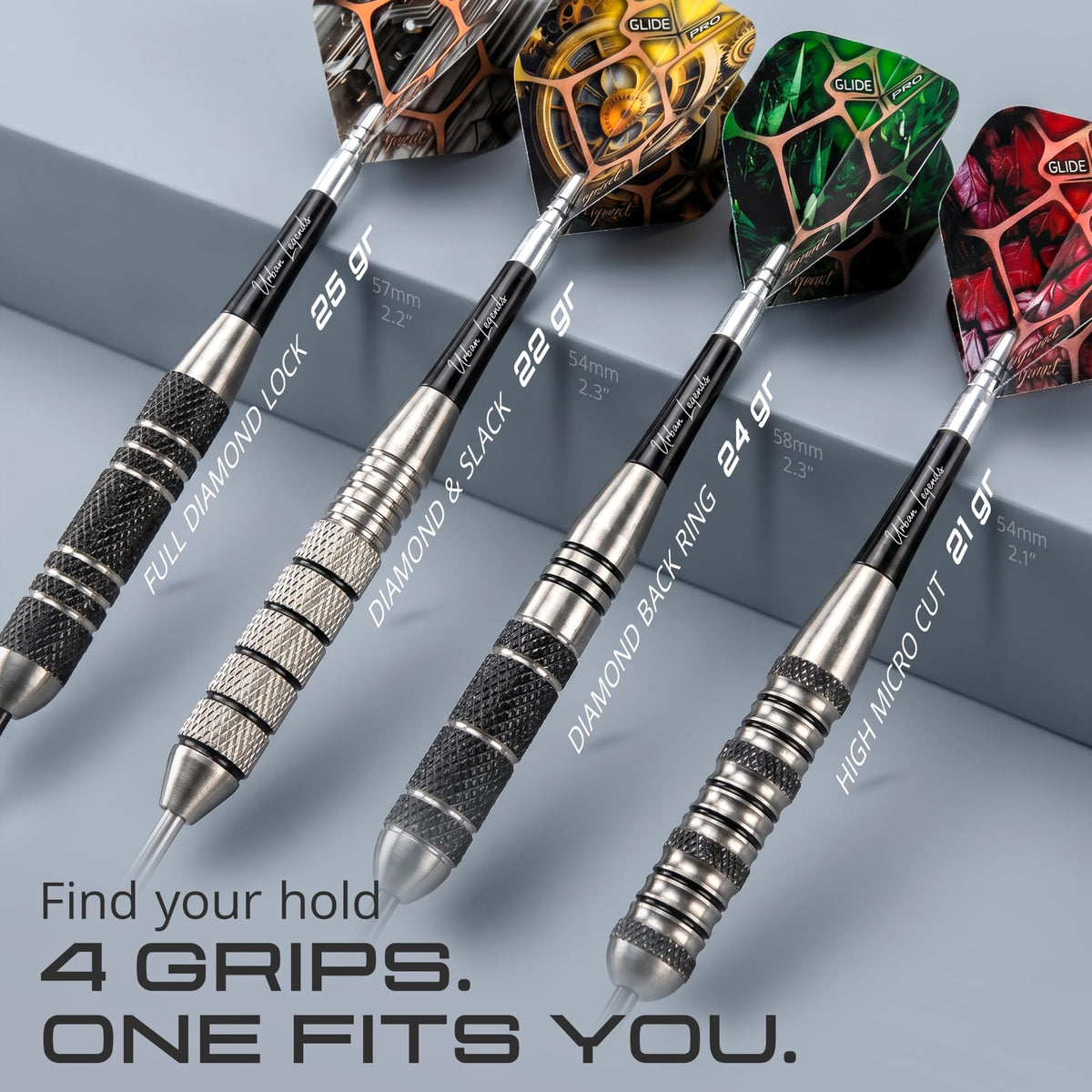 Four IgnatGames Urban Legends Texas Bullseye steel tip darts with four different grip patterns