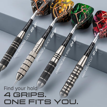 Four IgnatGames Urban Legends Texas Bullseye steel tip darts with four different grip patterns