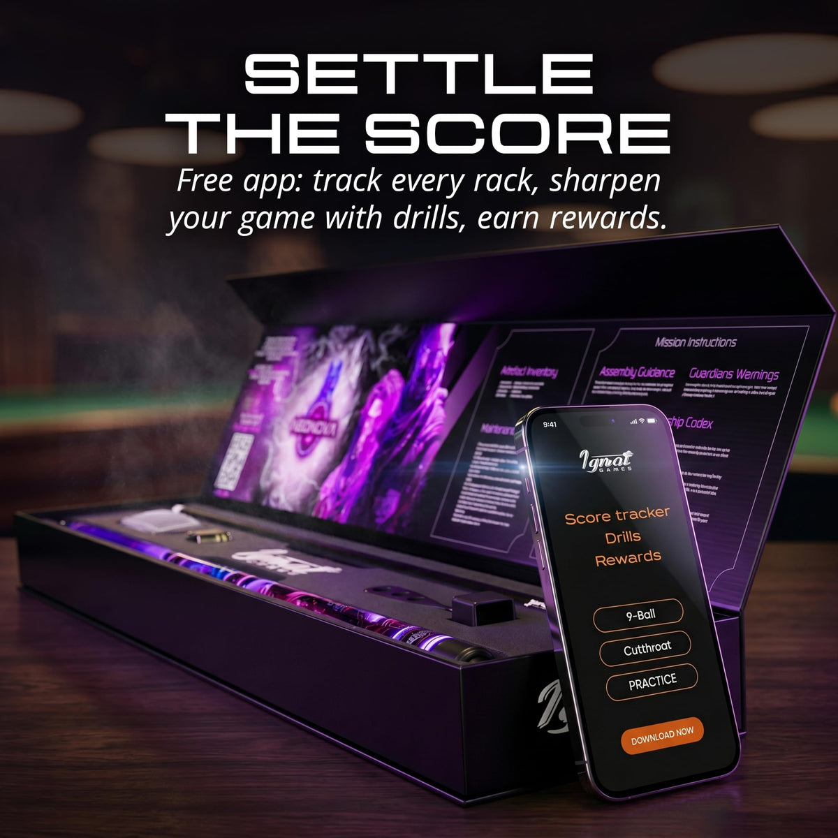 IgnatGames Neonova pool cue box next to a phone showing the IgnatGames app score tracker and drills