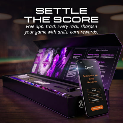 IgnatGames Neonova pool cue box next to a phone showing the IgnatGames app score tracker and drills