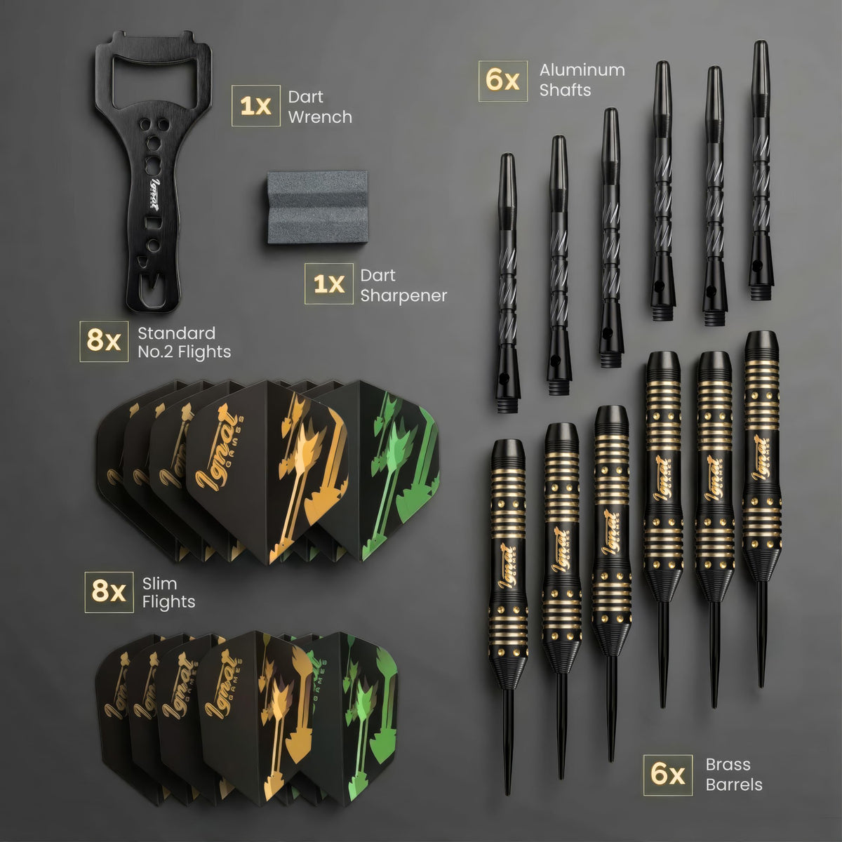 Contents of the IgnatGames Darkborn Poison Arrow 24 g set: 6 brass barrels, 6 aluminum shafts, 8 standard and 8 slim flights, wrench and sharpener