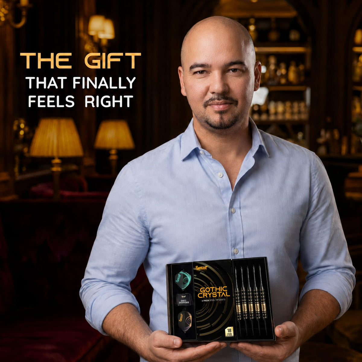 Man presenting the IgnatGames Darkborn Gothic Crystal 18 g darts gift box