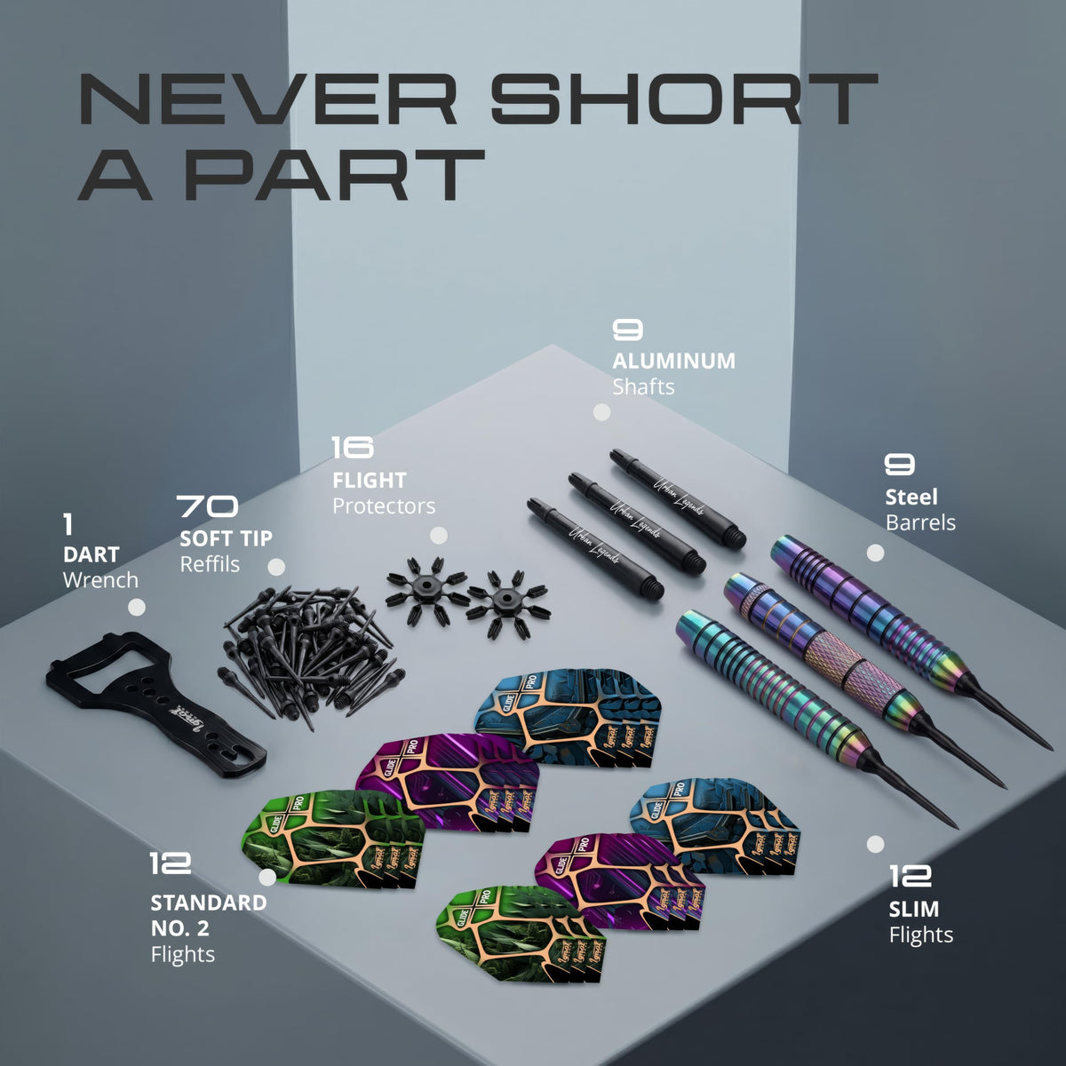 Contents of the IgnatGames Urban Legends Vegas Lights 9-pack: barrels, aluminum shafts, flights, flight protectors, 70 soft tips and wrench