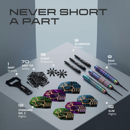 Contents of the IgnatGames Urban Legends Vegas Lights 9-pack: barrels, aluminum shafts, flights, flight protectors, 70 soft tips and wrench
