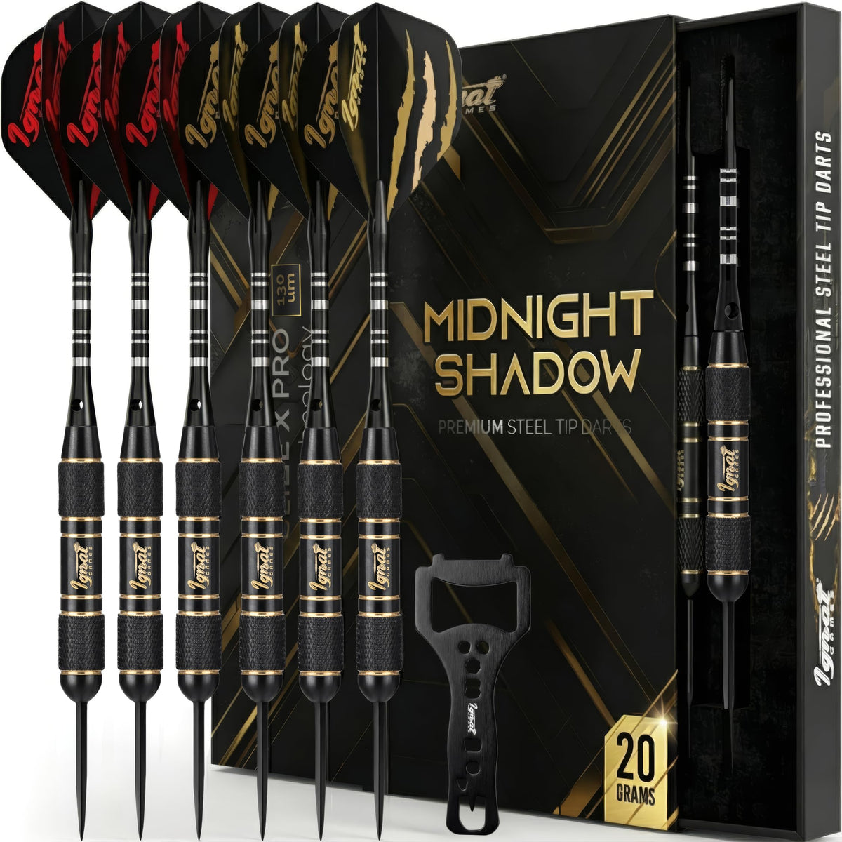 IgnatGames Darkborn Midnight Shadow 20 g steel tip darts, 6 darts with dart wrench in front of the gift box
