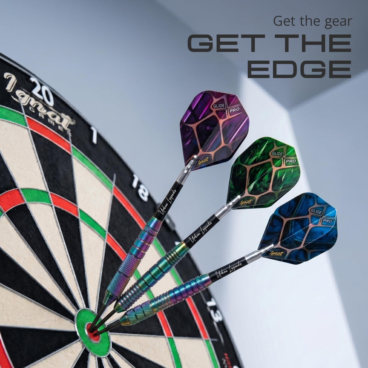 IgnatGames Urban Legends Vegas Lights steel tip darts in a dartboard