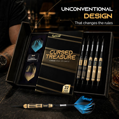 IgnatGames Darkborn Cursed Treasure 22 g steel tip darts in the open gift case with spare flights and sharpener