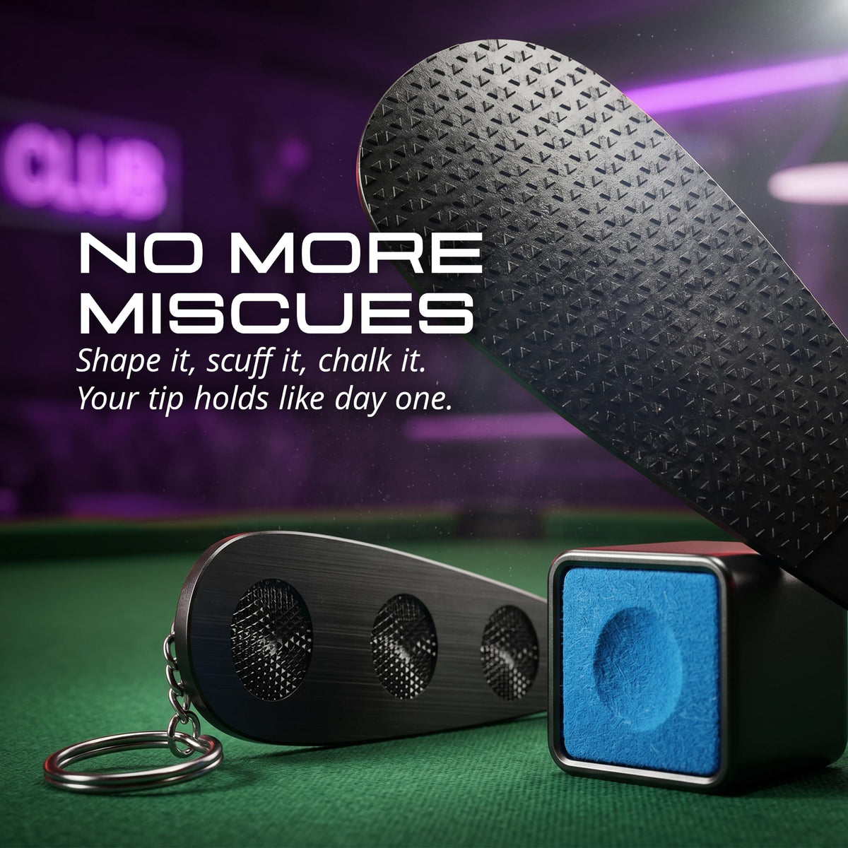 Tip tool and chalk holder with blue chalk included with the IgnatGames Neonova pool cue