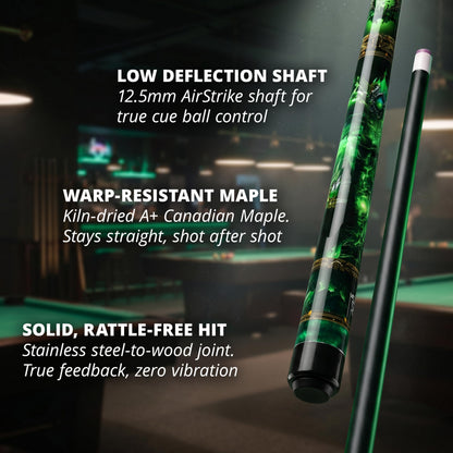 Close-up of the IgnatGames Wildstrike pool cue shaft, joint and butt in a pool hall