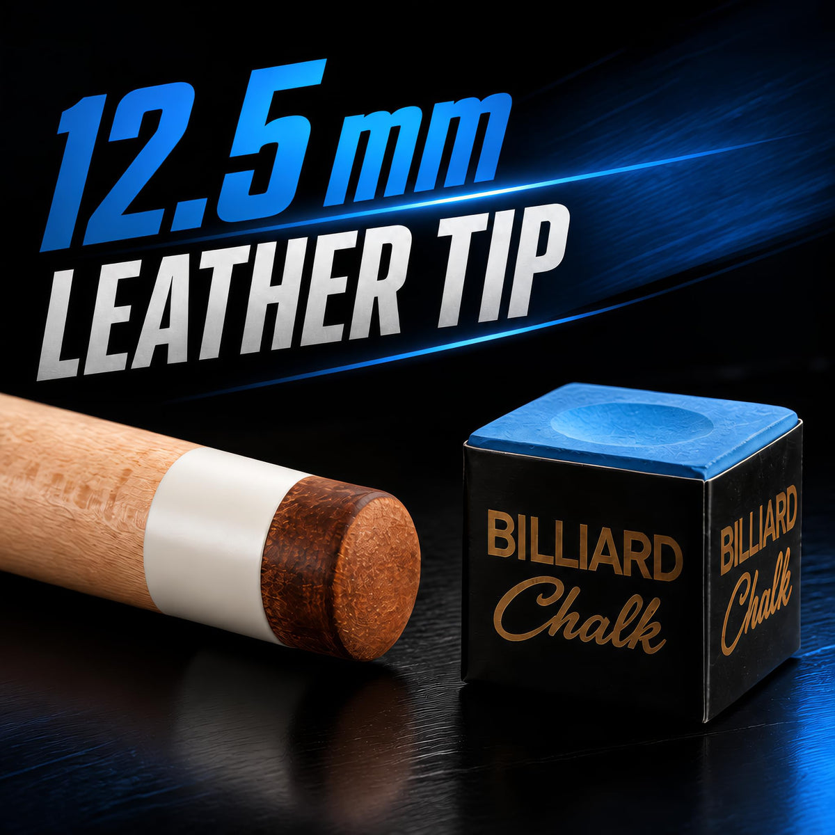 12.5 mm leather tip of the IgnatGames Tribal Vanguard Blue pool cue next to billiard chalk
