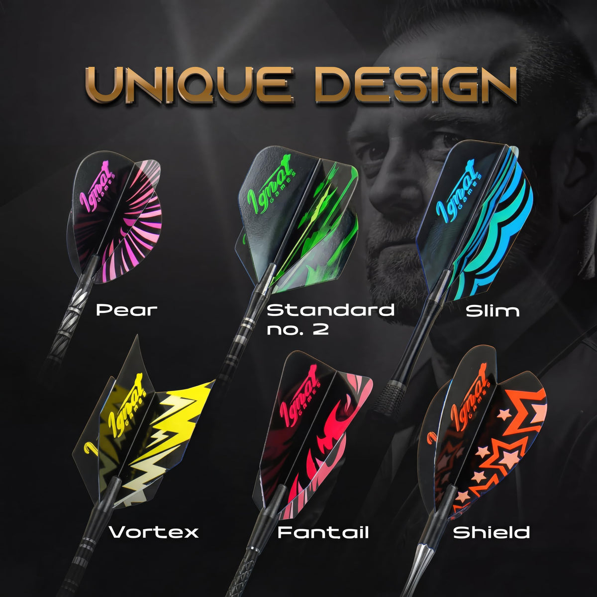 Six flight shapes in the IgnatGames Darts Upgrade Kit: pear, standard No. 2, slim, vortex, fantail and shield