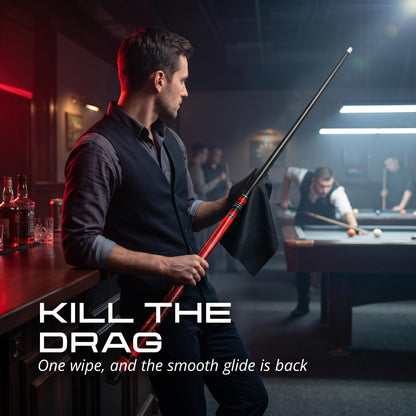 Player wiping the IgnatGames Flamestorm pool cue shaft with a cloth in a pool hall