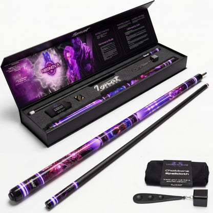 IgnatGames Neonova two-piece pool cue in its open gift box, with tip tool, chalk holder and cleaning cloth