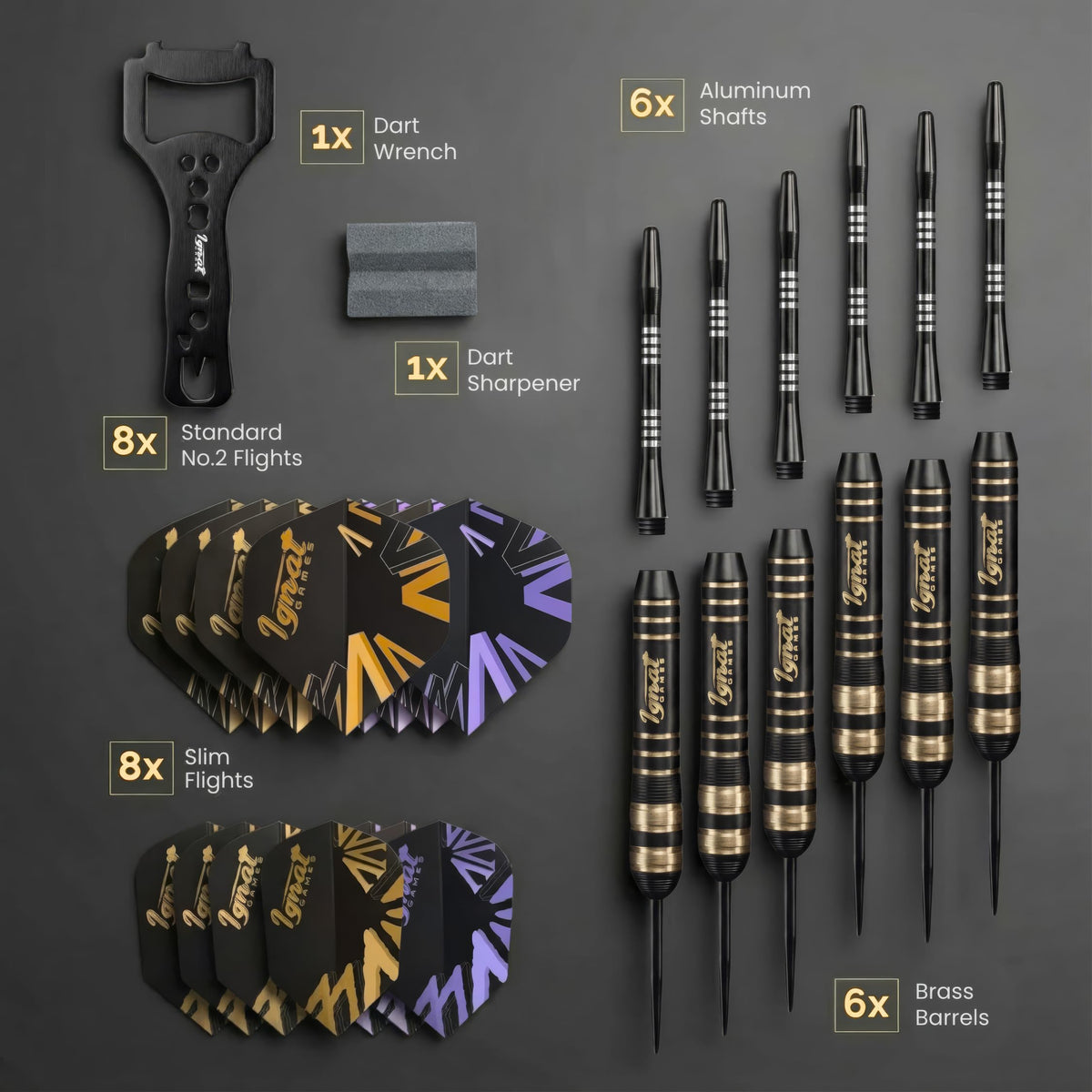 Contents of the IgnatGames Darkborn Dark Avenger 26 g set: 6 brass barrels, 6 aluminum shafts, 8 standard and 8 slim flights, wrench and sharpener