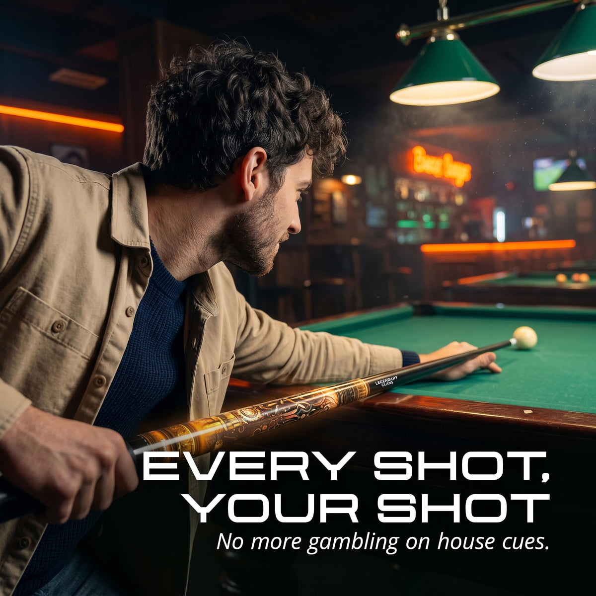 Player lining up a shot on a pool table with the IgnatGames Brassbolt pool cue