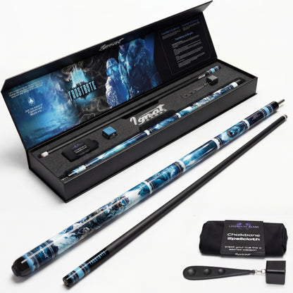 IgnatGames Frostbyte two-piece pool cue in its open gift box, with tip tool, chalk holder and cleaning cloth