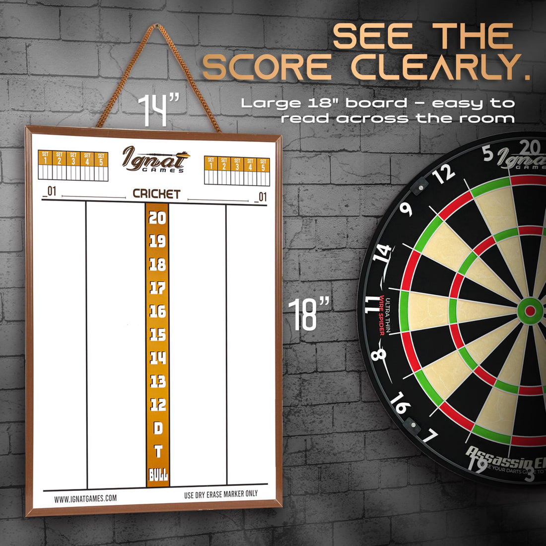 IgnatGames 18 x 14 inch dart scoreboard hanging next to a dartboard on a brick wall