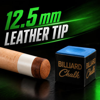 12.5 mm leather tip of the IgnatGames Tribal Vanguard Green pool cue next to billiard chalk