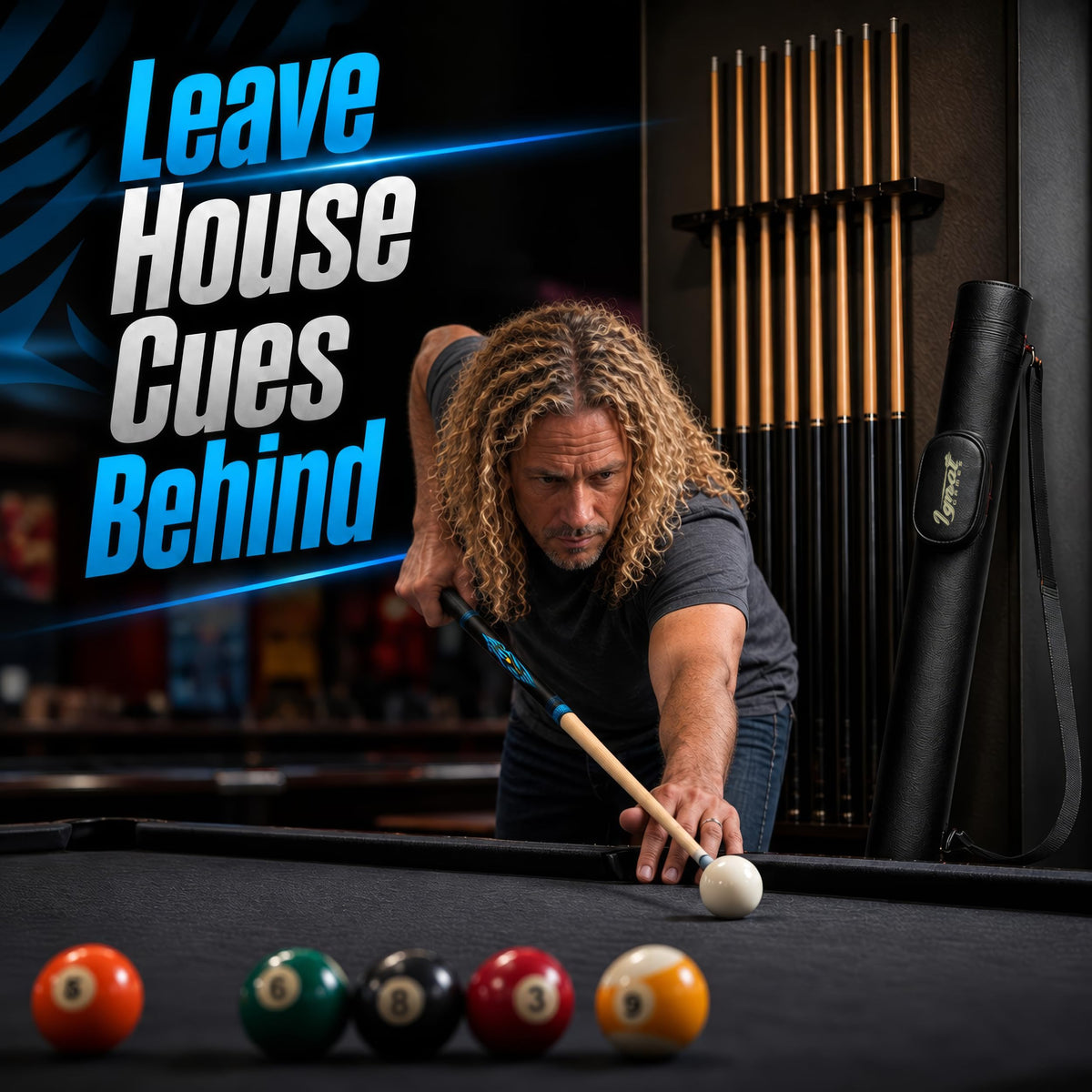 Player taking a shot with the IgnatGames Tribal Vanguard Blue pool cue in a pool hall