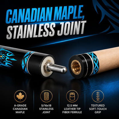 Stainless steel joint and Canadian maple shaft of the IgnatGames Tribal Vanguard Blue pool cue