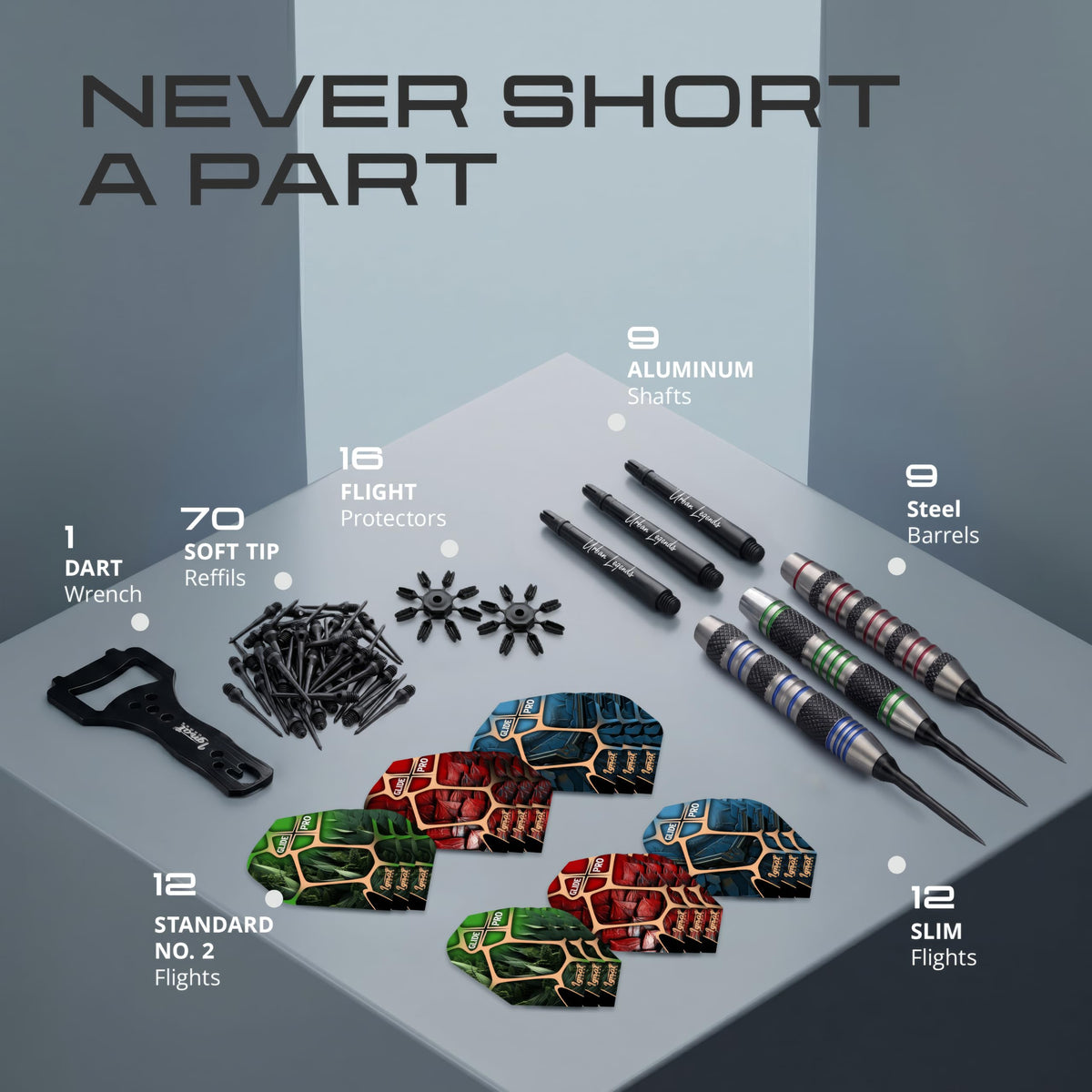 Contents of the IgnatGames Urban Legends Chicago Steel 9-pack: barrels, aluminum shafts, flights, flight protectors, 70 soft tips and wrench