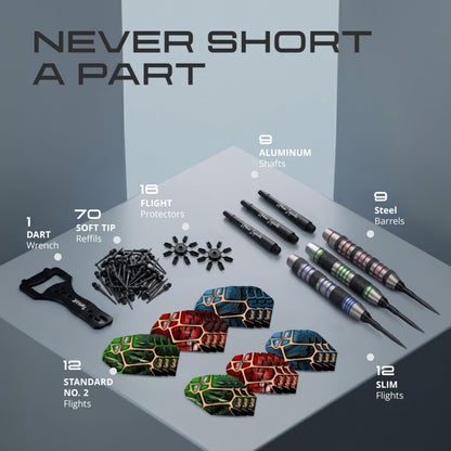 Contents of the IgnatGames Urban Legends Chicago Steel 9-pack: barrels, aluminum shafts, flights, flight protectors, 70 soft tips and wrench