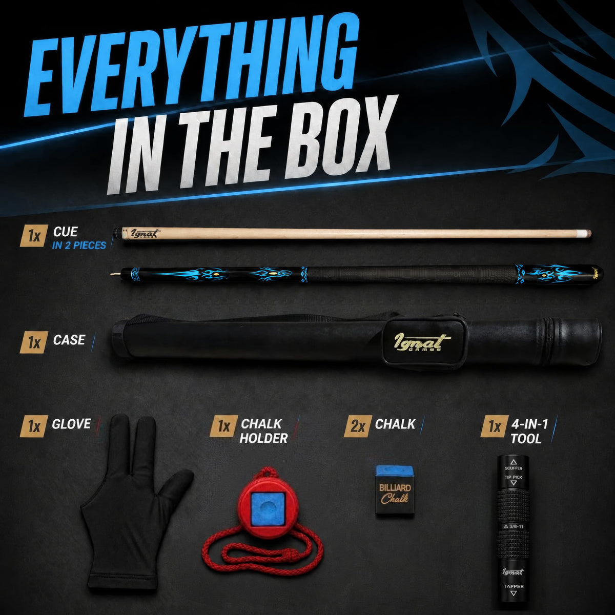 Contents of the IgnatGames Tribal Vanguard Blue pool cue set: two-piece cue, case, glove, chalk holder, two chalks and 4-in-1 tool