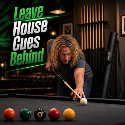 Player taking a shot with the IgnatGames Tribal Vanguard Green pool cue in a pool hall