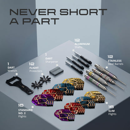 Contents of the IgnatGames Urban Legends Miami Breeze 12-pack: barrels, aluminum shafts, flights, flight protectors, wrench and sharpener