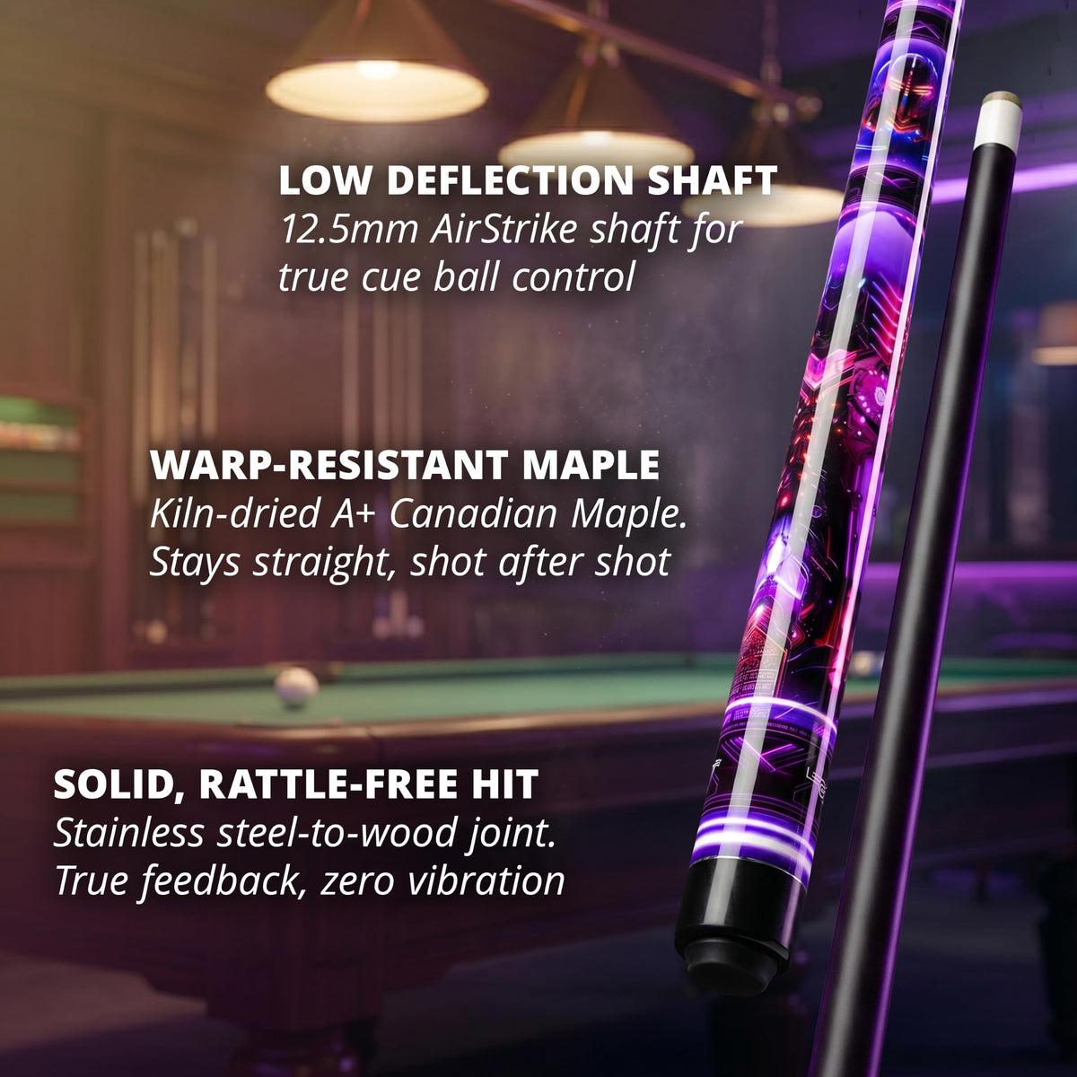 Close-up of the IgnatGames Neonova pool cue shaft, joint and butt in a pool hall