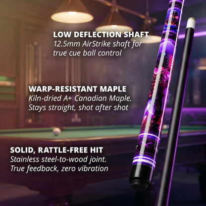 Close-up of the IgnatGames Neonova pool cue shaft, joint and butt in a pool hall