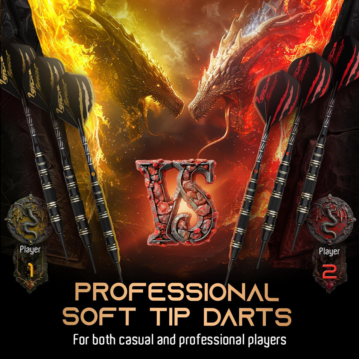 Two sets of IgnatGames soft tip darts facing off for a two-player game