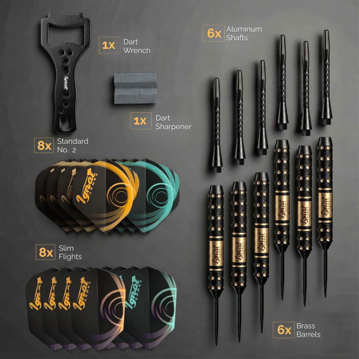 Contents of the IgnatGames Darkborn Gothic Crystal 18 g set: 6 brass barrels, 6 aluminum shafts, 8 standard and 8 slim flights, wrench and sharpener