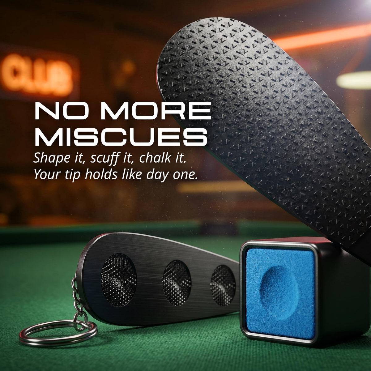 Tip tool and chalk holder with blue chalk included with the IgnatGames Brassbolt pool cue