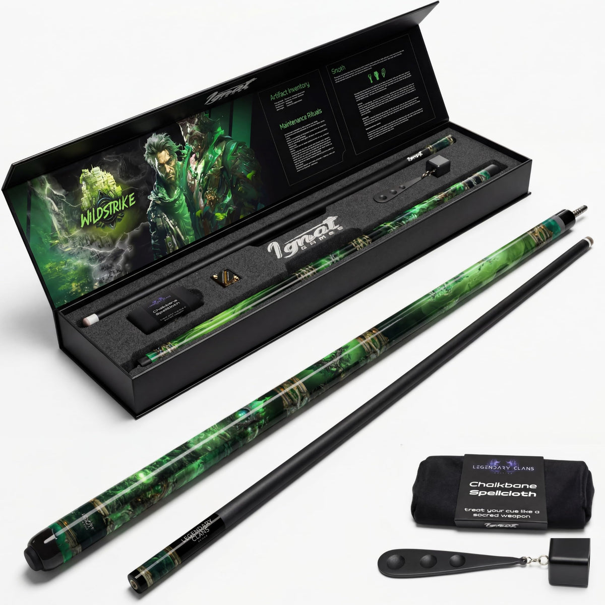 IgnatGames Wildstrike two-piece pool cue in its open gift box, with tip tool, chalk holder and cleaning cloth