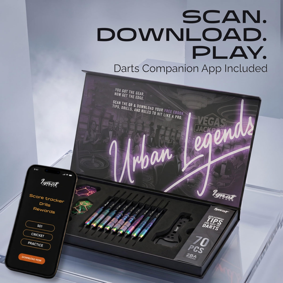 IgnatGames Urban Legends Vegas Lights soft tip darts in the open case next to a phone with the IgnatGames darts app