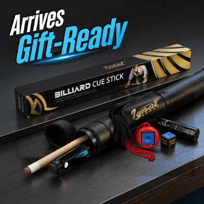 IgnatGames Tribal Vanguard Blue pool cue in its case next to the gift box, with chalk holder and chalk