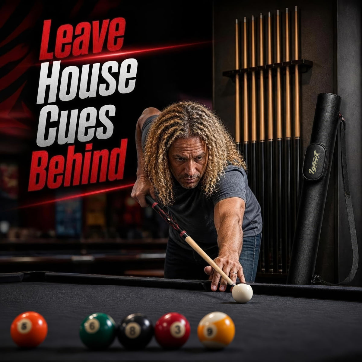 Player taking a shot with the IgnatGames Tribal Vanguard Red pool cue in a pool hall