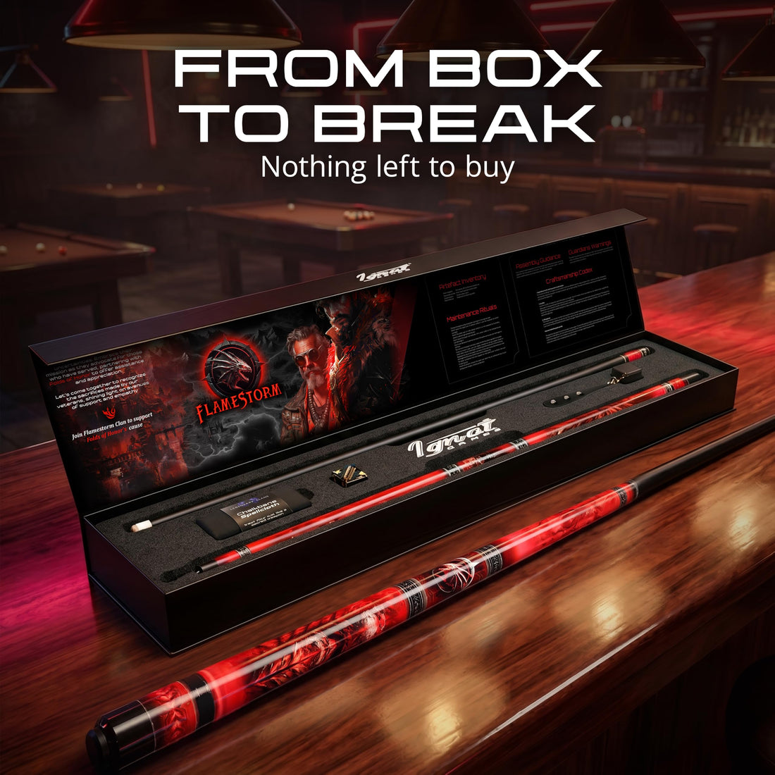 IgnatGames Flamestorm pool cue set in its box on a bar counter, with tip tool, chalk holder and cleaning cloth