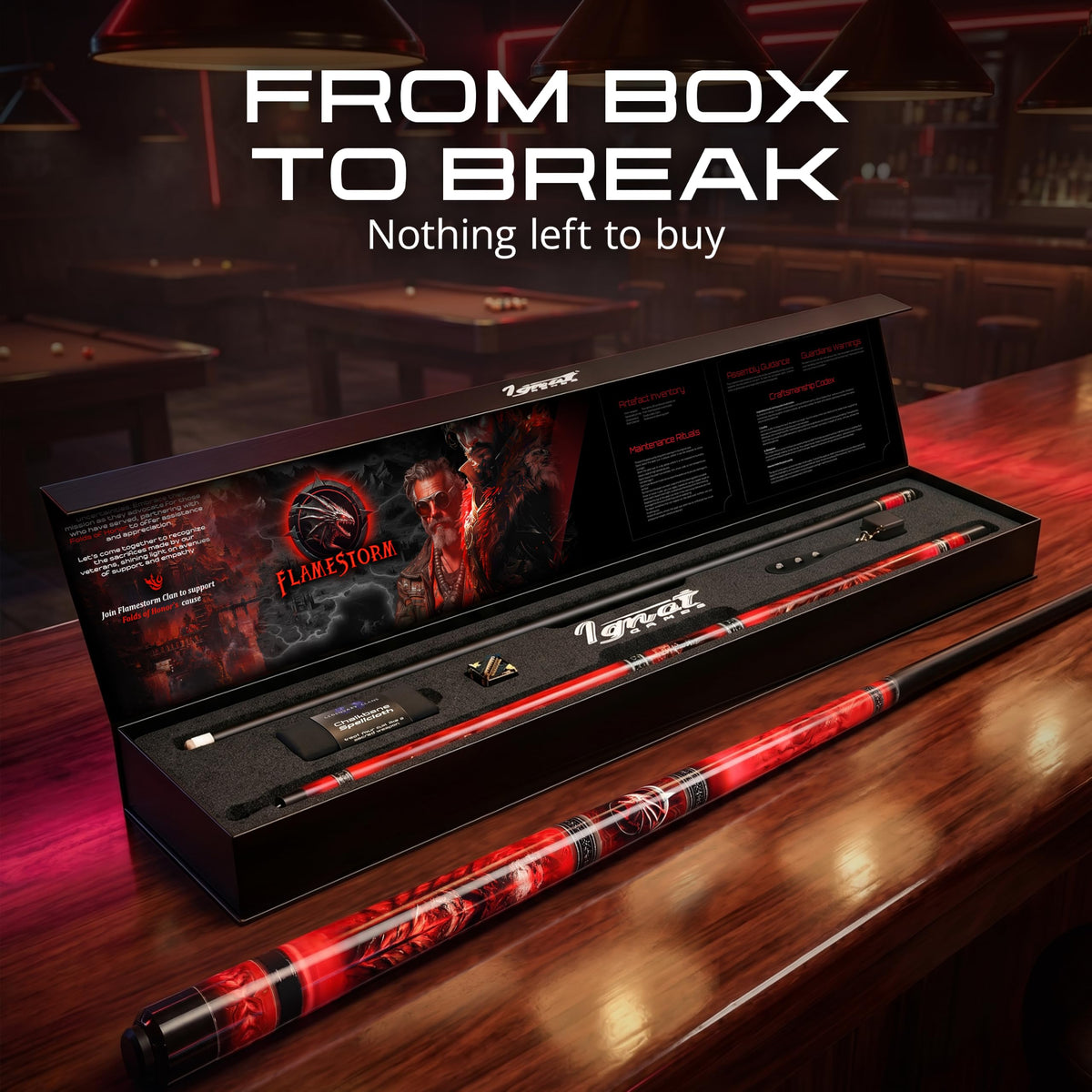 IgnatGames Flamestorm pool cue set in its box on a bar counter, with tip tool, chalk holder and cleaning cloth