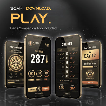 Phones showing the IgnatGames darts app included with the Darkborn Poison Arrow 24 g darts: practice drills, 501 and Cricket scoring